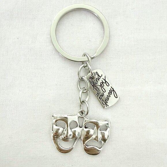 Boutique Sourced Accessories - Theater Masks Keychain Bag Charm 3 Inch Silver Tone Drama Comedy Accessory